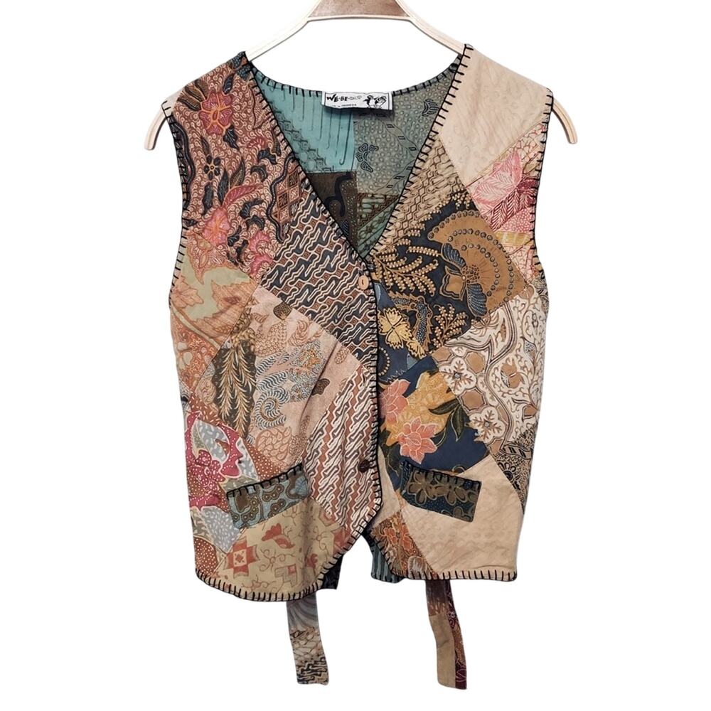 Vintage We Be Bop Patchwork Stitch Button Front Tie Back V-Neck Vest Jacket Top